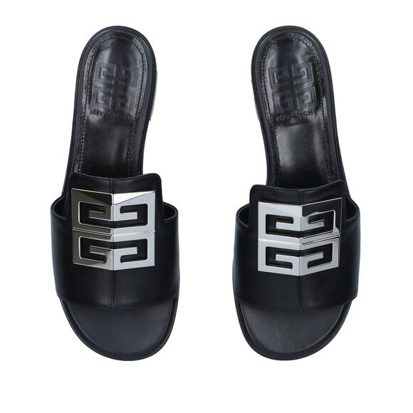 Givenchy 4G Black Leather Silver Logo Slides
